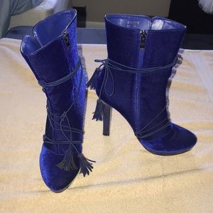 Royal blue crush velvet ankle boots